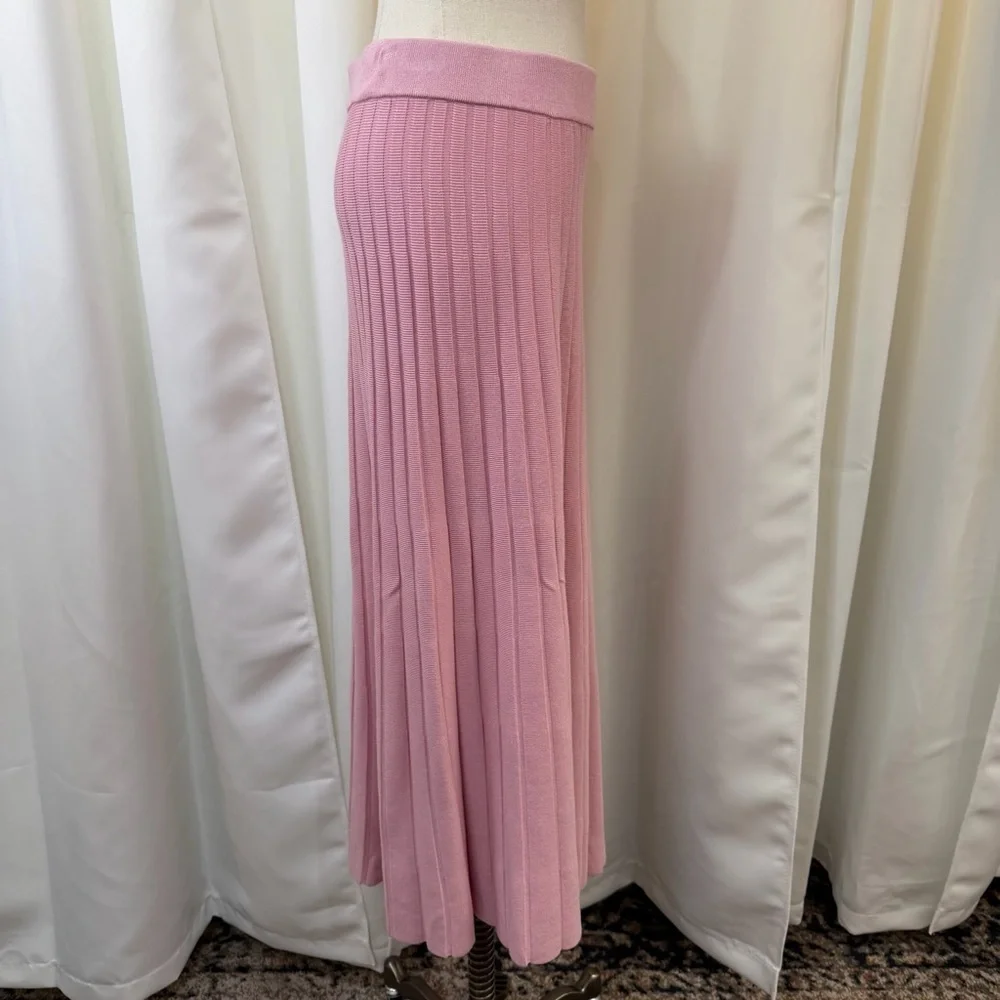 NWT Saks Fifth Avenue Pink Stretch Knit Wide Ribbed Midi Skirt w/ Slit Size S